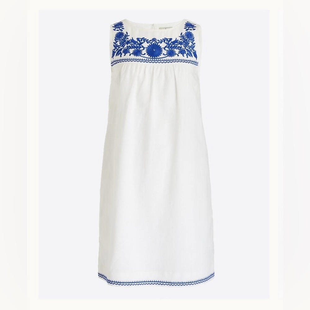 J.Crew Embroidered Dress Sz M White Blue Linen Cotton Lined - Picture 15 of 16